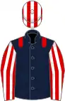 Dark blue, red epaulettes, red and white striped sleeves, red and white striped cap