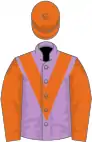 Mauve, orange chevrons on sleeves, orange cap