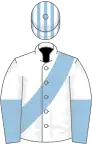 White, light blue sash, halved sleeves, striped cap