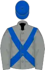 Grey, royal blue cross-belts and cap