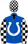 Royal blue, white horseshoe, black and white check sleeves and cap