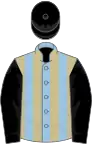 Light blue and beige stripes, black sleeves and cap
