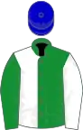 White and green (halved), reversed sleeves, blue cap