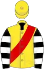 Yellow, red sash, black and white hooped sleeves, yellow cap