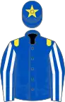 Royal blue, yellow epaulets, royal blue and white striped sleeves, royal blue cap, yellow star