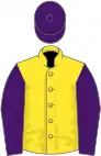 Yellow, purple sleeves and cap