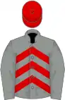 Grey, red chevrons, grey sleeves, red cap