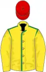 Yellow, green seams on body red cap