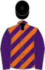 Orange and purple diagonal stripes, purple sleeves, orange armlets, black cap