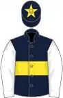 Dark blue, yellow hoop, white sleeves, dark blue cap, yellow star