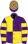 Purple and yellow (quartered), hooped sleeves and cap