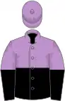 mauve and black halved horizontally, mauve and black halved sleeves, mauve cap