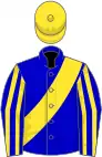 Royal blue, yellow sash, yellow stripes on sleeves, yellow cap