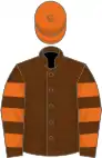 Brown, orange hooped sleeves, orange cap
