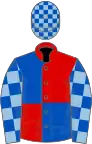 Red and royal blue (quartered), light blue and royal blue check sleeves, royal blue and light blue check cap