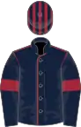 Dark blue, maroon seams and armlets, striped cap