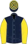 Dark blue, yellow sleeves, hooped cap