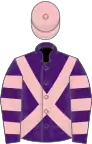 Purple, pink cross-belts, hooped sleeves, pink cap