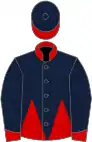 Dark Blue and Red halved horizontally, red collar, dark blue sleeves, red cuffs, dark blue cap, red peak