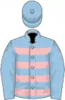 light blue, pink hoops, light blue sleeves, light blue cap