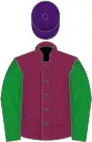 Maroon, green sleeves, purple cap