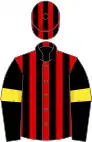 Red, black stripes, black sleeves, yellow armlets, red and black striped cap