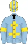Light blue, yellow cross of lorraine and armlets, striped cap