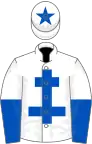 White, royal blue cross of lorraine, halved sleeves, star on cap