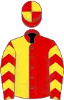 Red and yellow halved, chevrons on sleeves, quartered cap