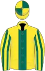 Yellow, dark green stripe, striped sleeves, quartered cap