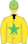 Yellow, emerald green star, hooped cap
