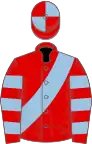 Red, light blue sash, hooped sleeves, quartered cap