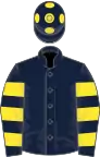 Dark blue, yellow hooped sleeves and spots on cap