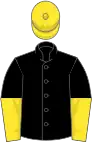 Black, yellow halved sleeves, yellow cap