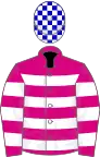 Cerise, white hoops, blue and white check cap
