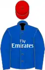 Gros bleu, le logo "Emirates" blanc (Godolphin), toque rouge