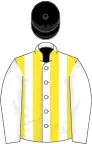 White, yellow stripes on body, black cap