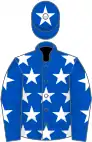 royal Blue, white stars, royal blue sleeves, white stars, royal blue cap, white star