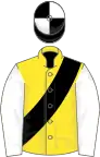 Yellow, black sash, white sleeves, black and white quartered cap