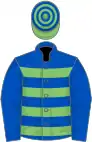 Royal blue and light green hoops, royal blue sleeves, light green and royal blue hooped cap