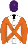 White, orange cross belts and sleeves, purple cap
