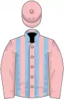 Pink and light blue stripes, pink sleeves and cap