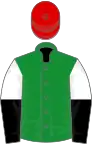 Green, white and black halved sleeves, red cap