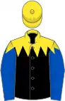 Yellow and black jagged vertical halved, blue sleeves, yellow cap