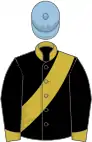 Black, old gold sash, collar and cuffs, light blue cap