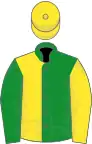 Green and yellow (halved), sleeves reversed, yellow cap
