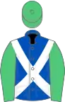 Royal blue, white cross belts, emerald green sleeves and cap