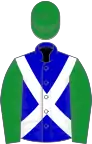 Blue, white cross-belts, green sleeves and cap