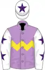 Mauve, yellow chevron hoop, white sleeves, purple stars, white cap, purple star