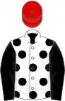 White, black spots and sleeves, red cap